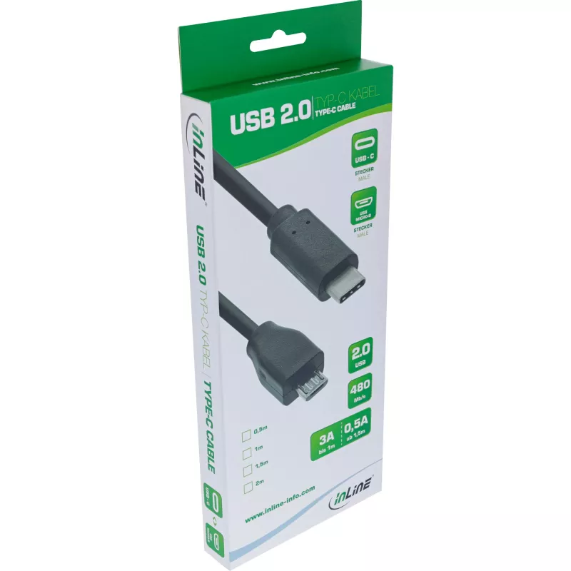 InLine USB 2.0 Cable, USB-C male / Micro-B male, black, 0.5m