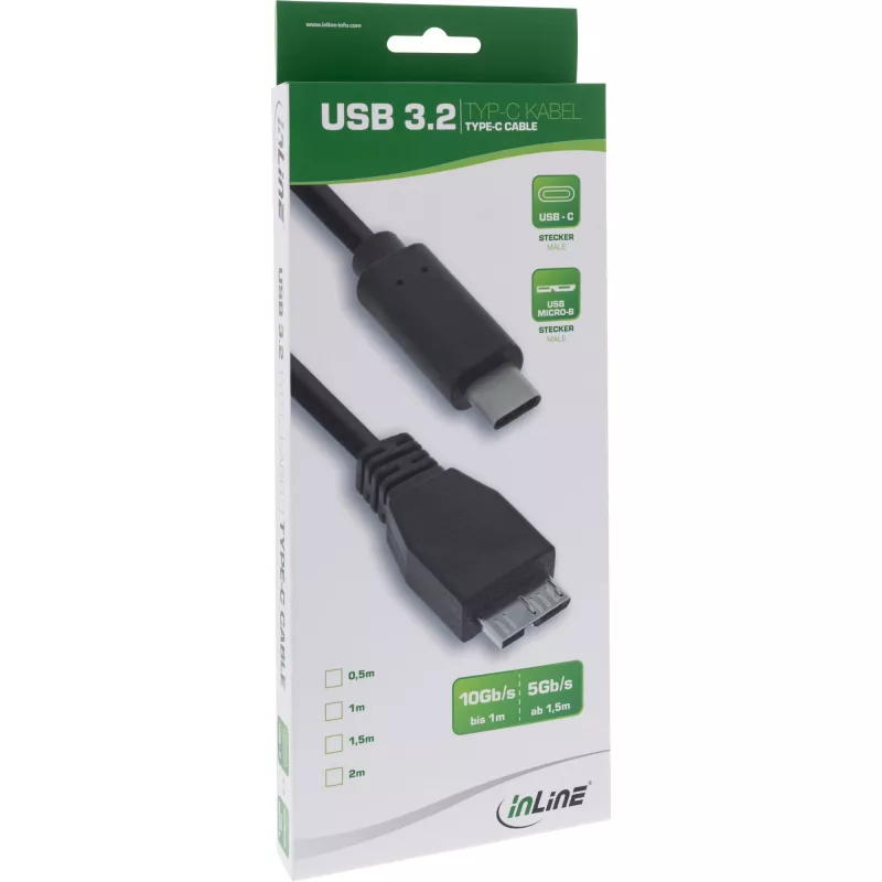 InLine USB 3.2 Gen.1x2 Cable, USB-C male / Micro-B male, black, 1.5m