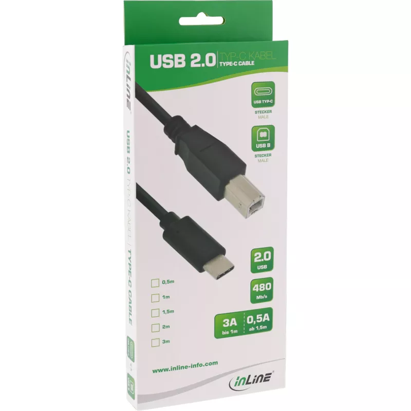 InLine USB 2.0 Cable, USB-C male / USB-B male, black, 5m