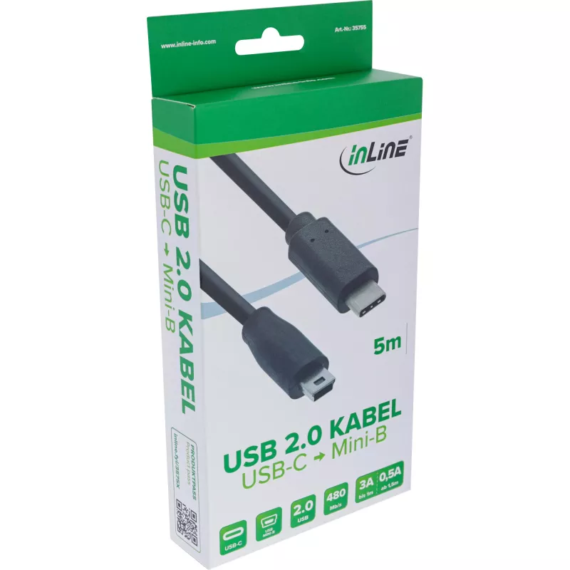 InLine USB 2.0 Cable, USB-C male / mini-B male (5pin), black, 5m