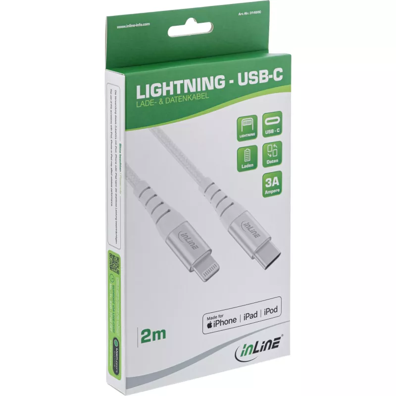 InLine USB-C Lightning cable, for iPad, iPhone, iPod, silver/aluminium, 2m