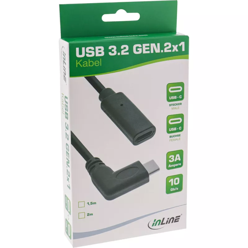 USB 3.2 Gen.1x2 Cable InLine 35782 USB-C male angled / female black 2m