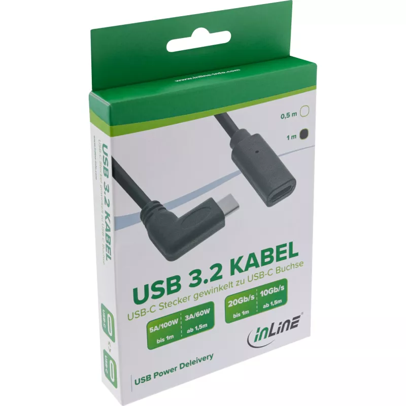 InLine USB 3.2 Gen.1x2 Cable, USB-C male angled / female, black, 1m