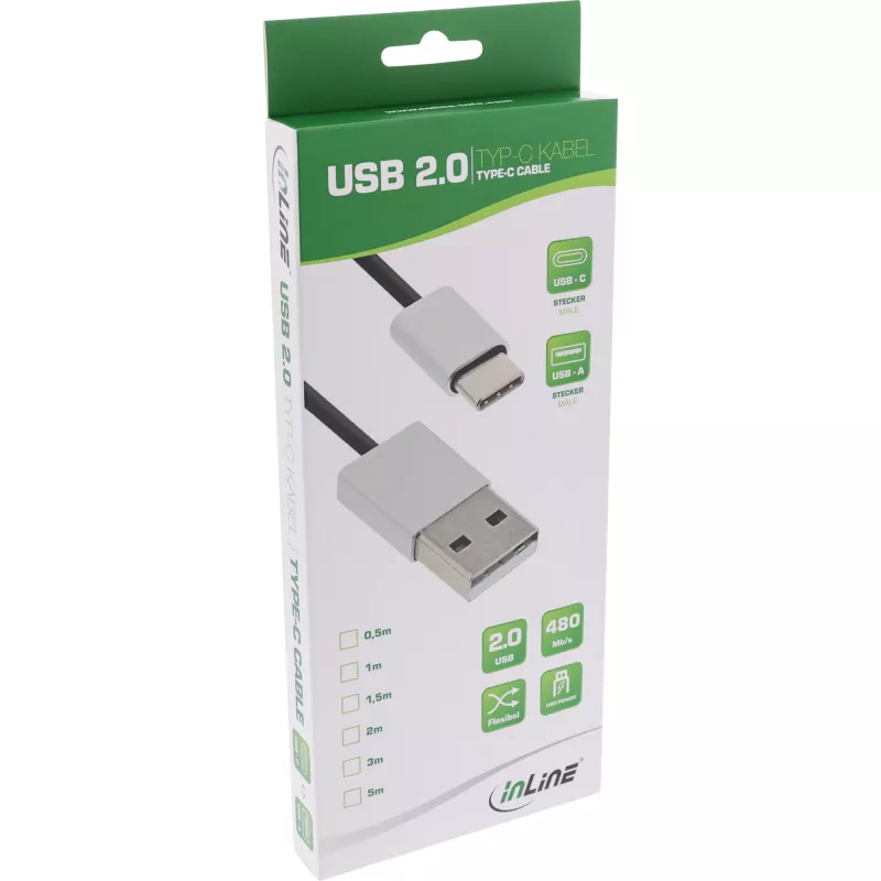 InLine USB 2.0 Cable, USB-C male / USB-A male, black/alu, flexible, 5m