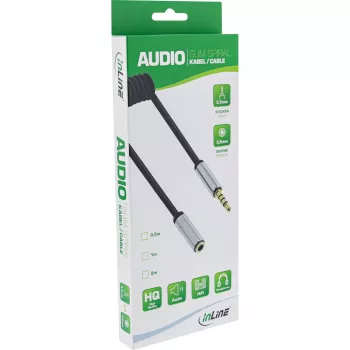 InLine Slim Audio spiral cable 3.5mm male / female, 4-pin, Stereo, 1m
