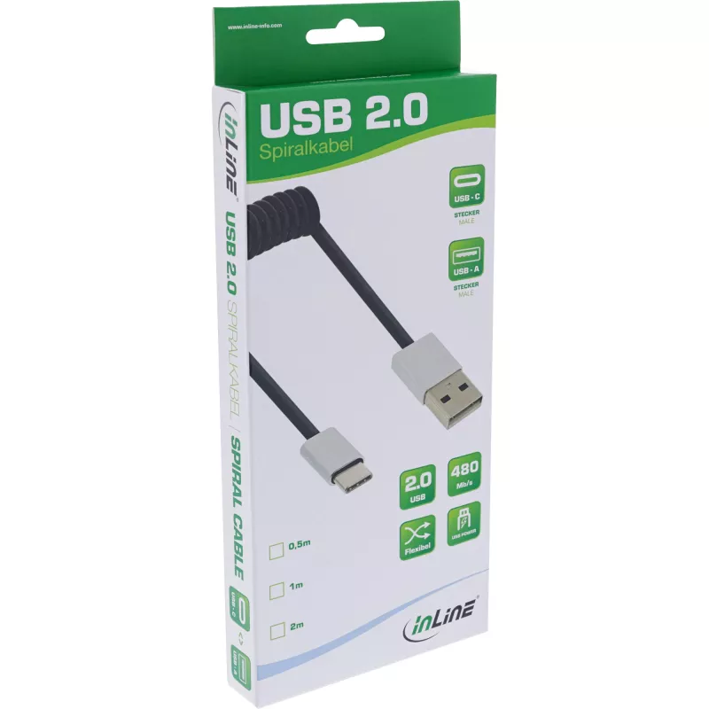 InLine USB 2.0 spiral cable, USB-C male / USB-A male, black/alu, flexible, 0.5m