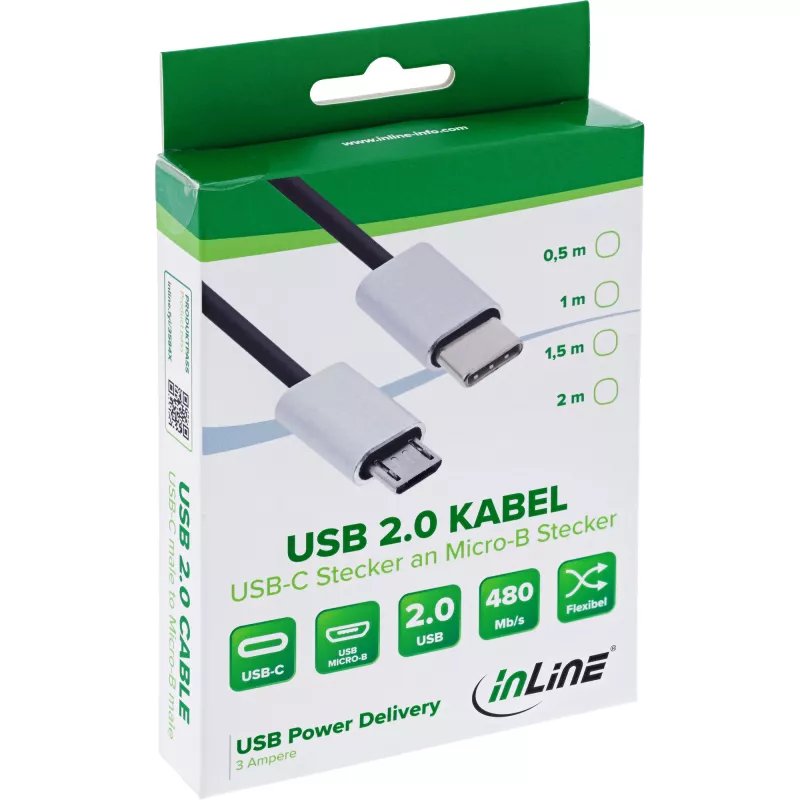 InLine USB 2.0 Cable, USB-C male / Micro-B male, black/alu, flexible, 0.5m
