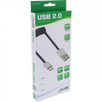 InLine USB 2.0 spiral cable, USB-C male / USB-A male, black/alu, flexible, 2m