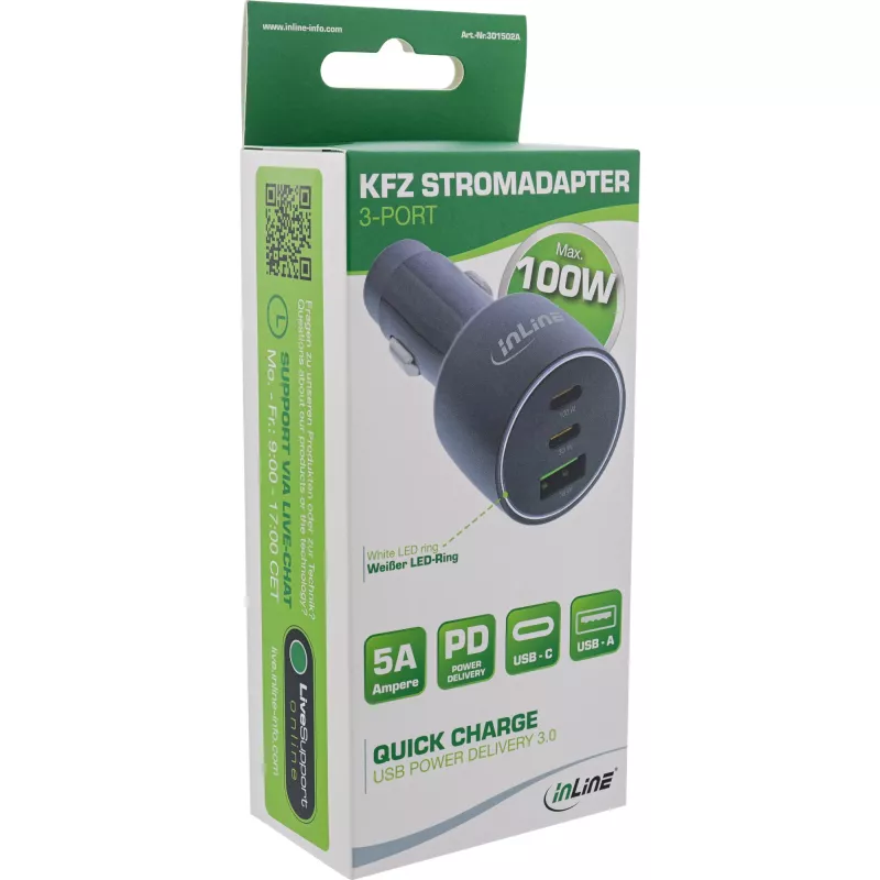 InLine USB car power adapter Power Delivery, 2x USB-C + QC USB-A, black