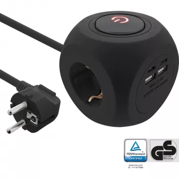 InLine Charging Cube InLine 16499B 3x earthing contact 2x USB-C 2x USB-A black 2m