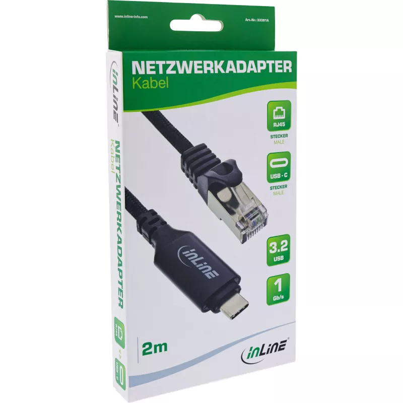 Network Cable InLine 33381A USB-C to RJ45 Cat6 2m Black
