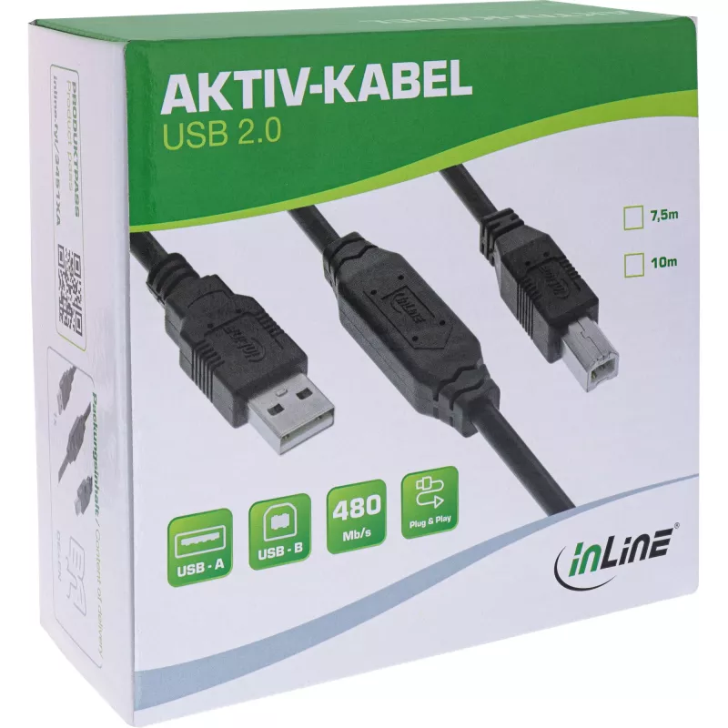 InLine USB 2.0 active cable, USB-A male to USB-B male, 7.5m