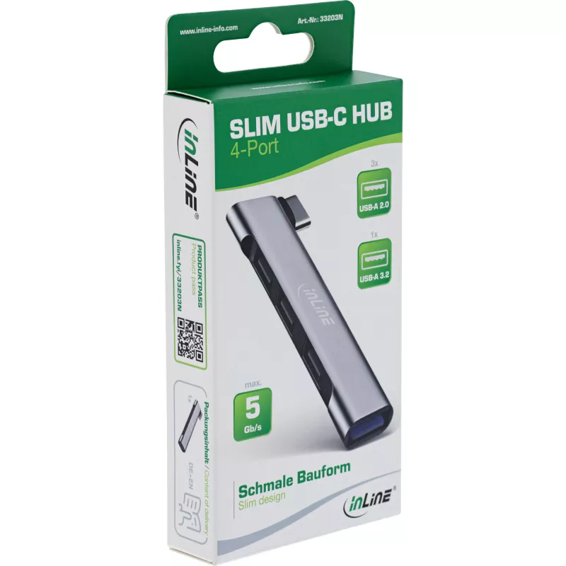 InLine Slim USB-C Hub, 4-port, USB 3.0 + 3x USB 2.0, slim design