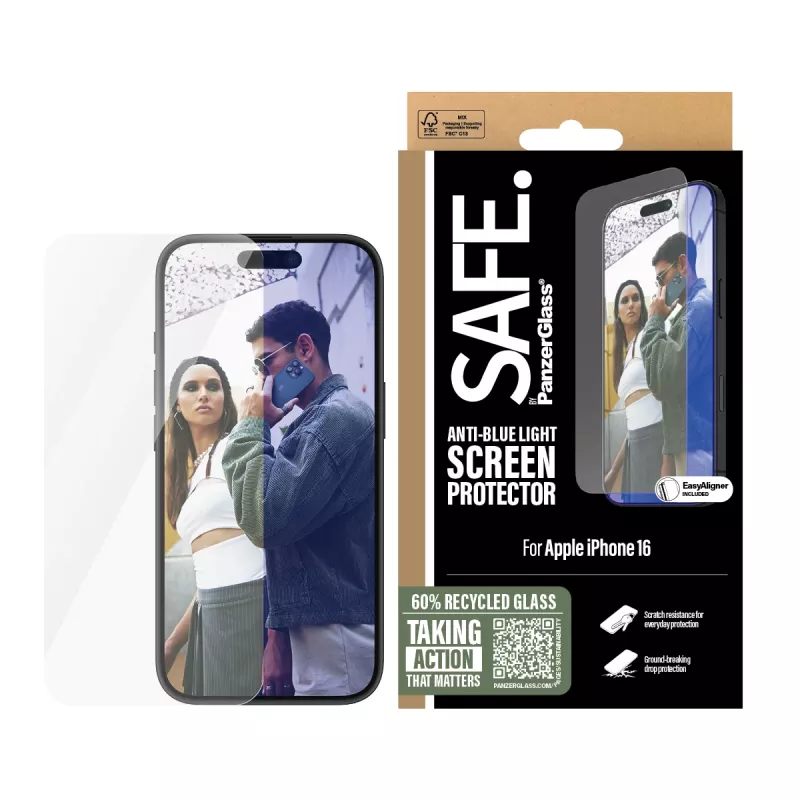 PanzerGlass SAFE. by ® Anti-Blue Light Screen Protector iPhone 16 | 15 | Ultra-Wide Fit