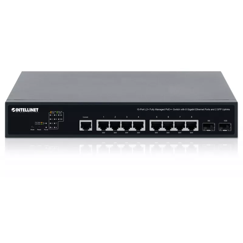 Intellinet 10-Port L2+ Fully Managed PoE++ Switch with 8 Gigabit Ethernet Ports and 2 SFP Uplinks