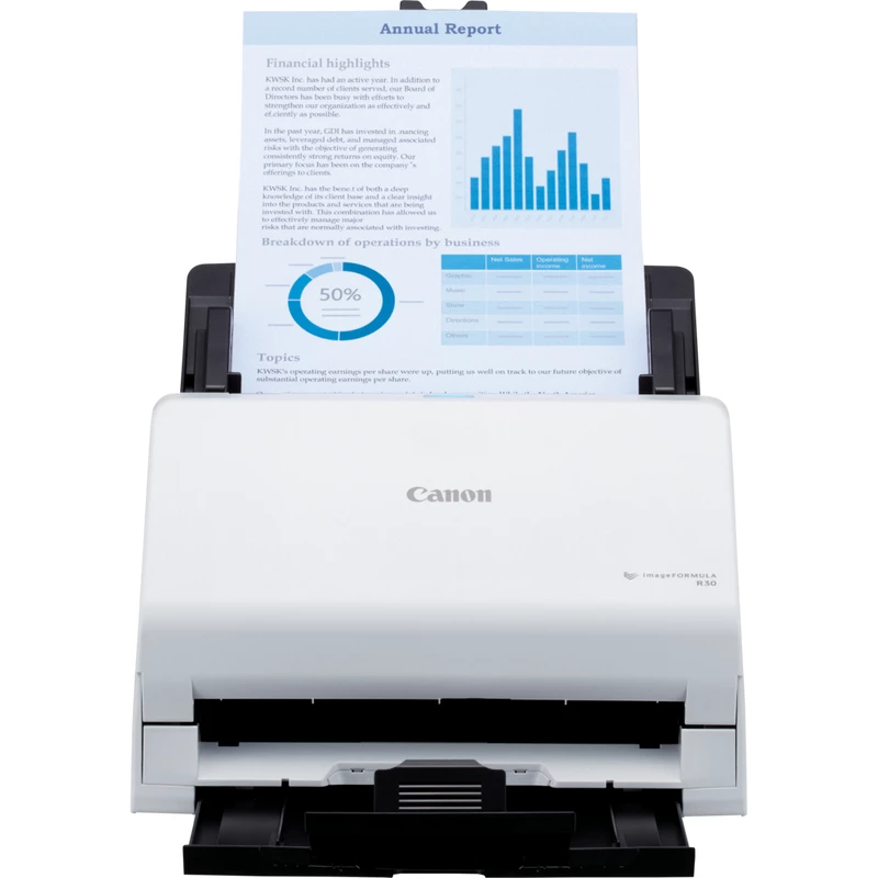 Canon imageFORMULA R30 Driverless Desktop Document Scanner, 216 x 356 mm, 600 x 600 DPI, ADF + Sheet-fed scanner, White, CIS, RGB LED