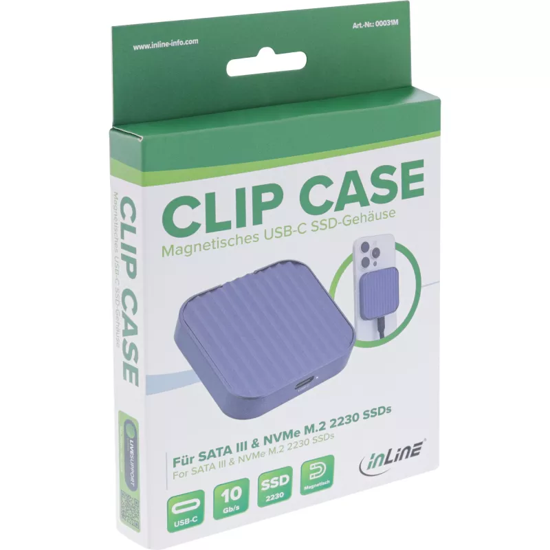InLine Clip Case - Magnetic USB-C enclosure for SATA III & NVMe M.2 SSDs