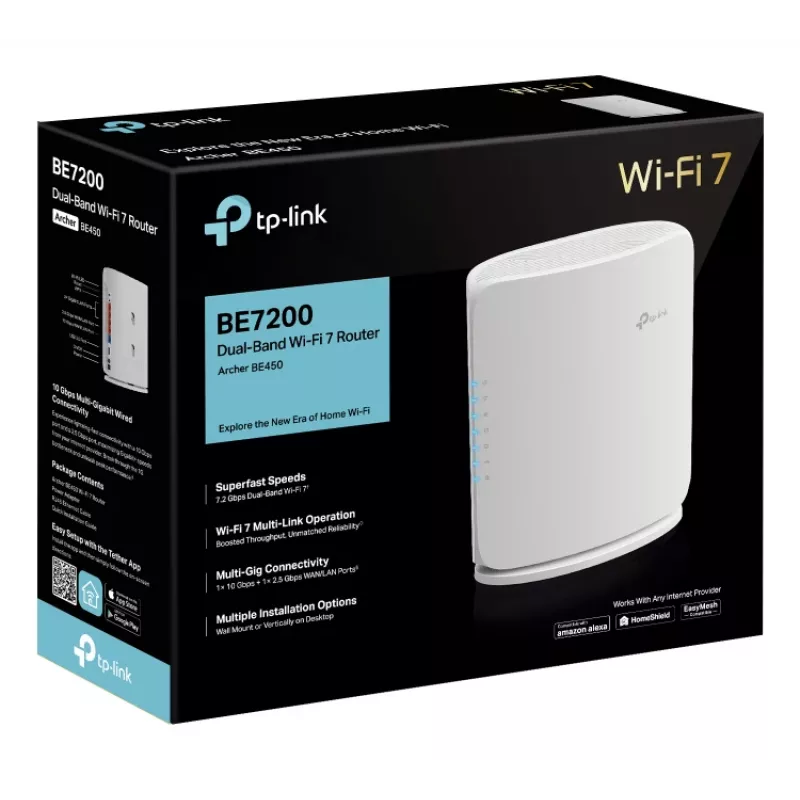 Wireless router TP‑Link Archer BE450 — Dual‑band (2.4/5 GHz), Wi‑Fi 7, Multi‑Gigabit Ethernet, 5x LAN, USB, white