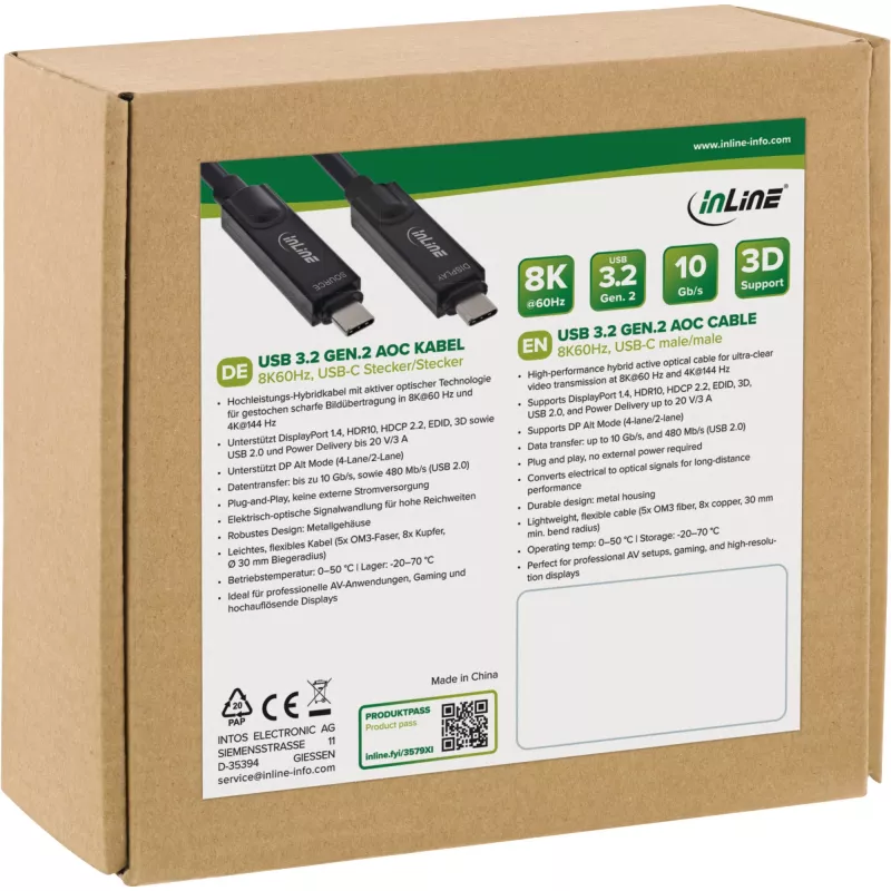 USB 3.2 Gen.2 AOC Cable InLine 35793I 8K60Hz 60W optical active-cable