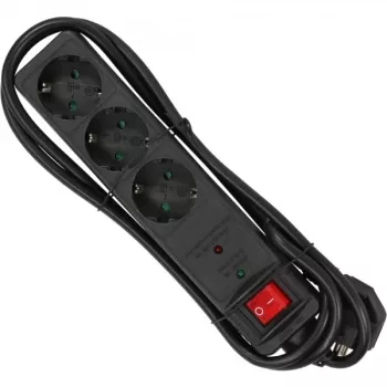 InLine Socket strip CEE 7/3, 3-way, overvoltage protection, switch, black