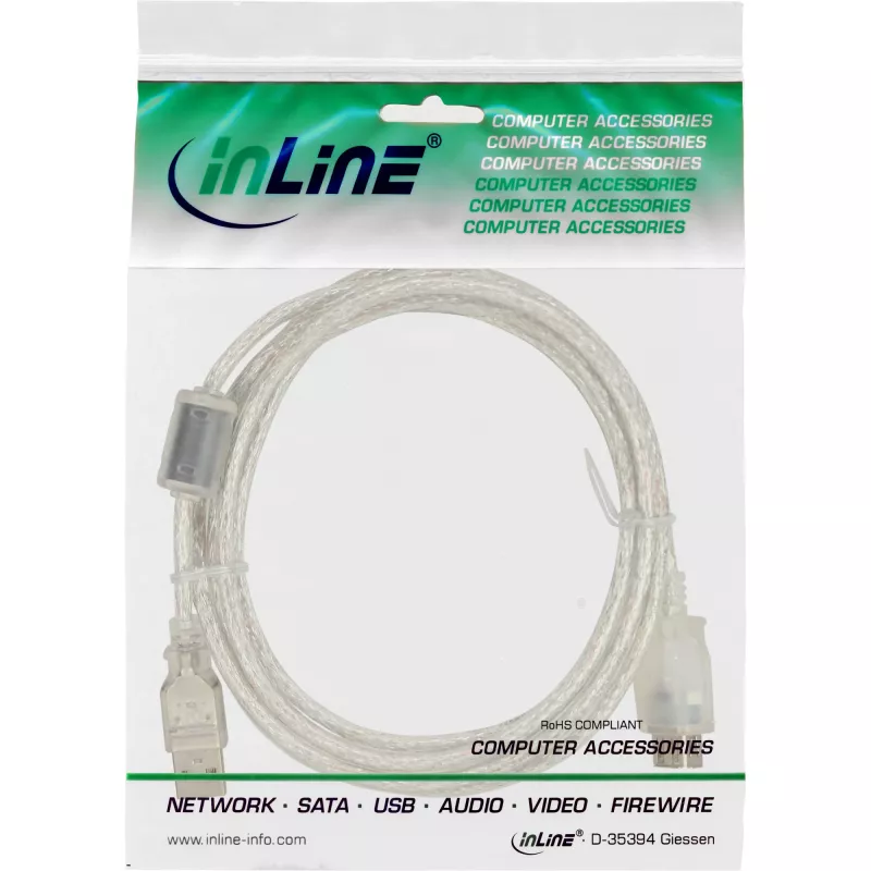 InLine USB 2.0 Extension Cable Type A M/F, transparent, w/ferrite, 5m
