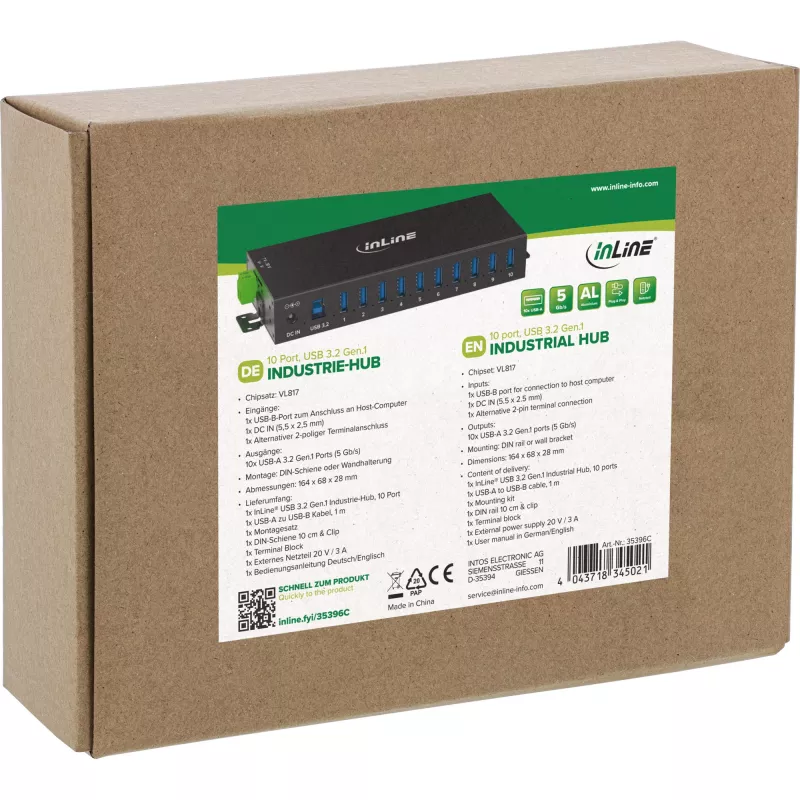 InLine 35396C interface hub USB 3.2 Gen 1 (3.1 Gen 1) Type-B 5000 Mbit/s Black