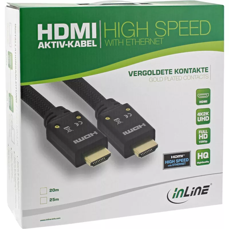 InLine HDMI Active cable, HDMI-High Speed with Ethernet, M/M, Nylon braid, 20m
