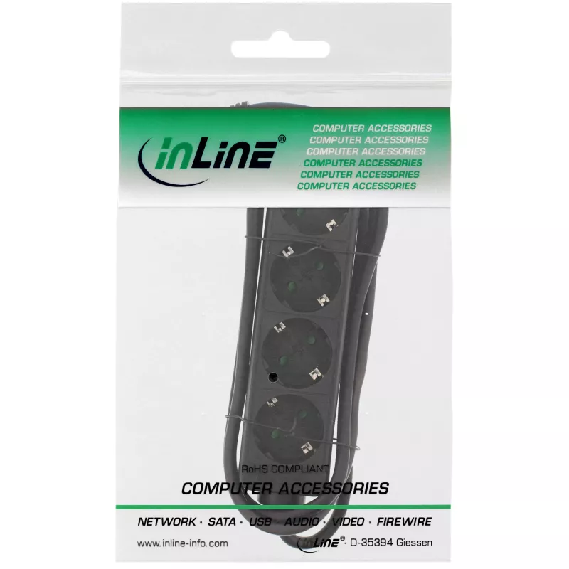 InLine Socket strip, 4-way earth contact CEE 7/3, black, 3m