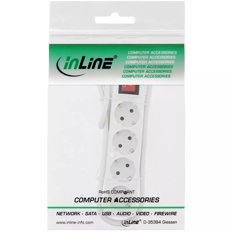 InLine Socket strip, 4-way earth contact CEE 7/3, with switch, white, 5m