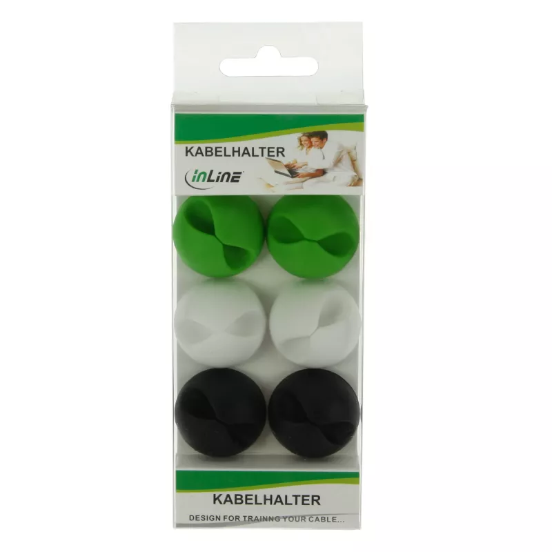 Cable rubber clipper InLine 6 pcs — white, green, black — cable organizer clips