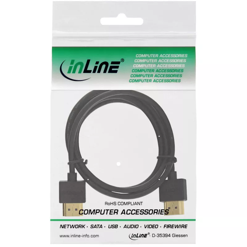 InLine High Speed HDMI Cable with Ethernet, AM/AM, super slim, black/gold, 1m