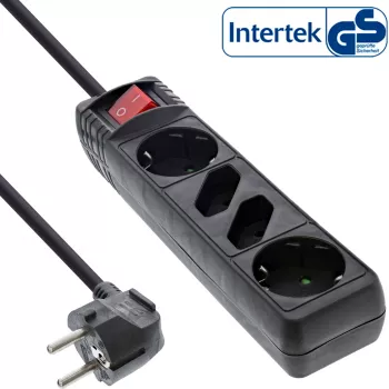 InLine Socket strip, 4-way, 2x CEE7/3 + 2x Euro CEE 7/16, black, 5m