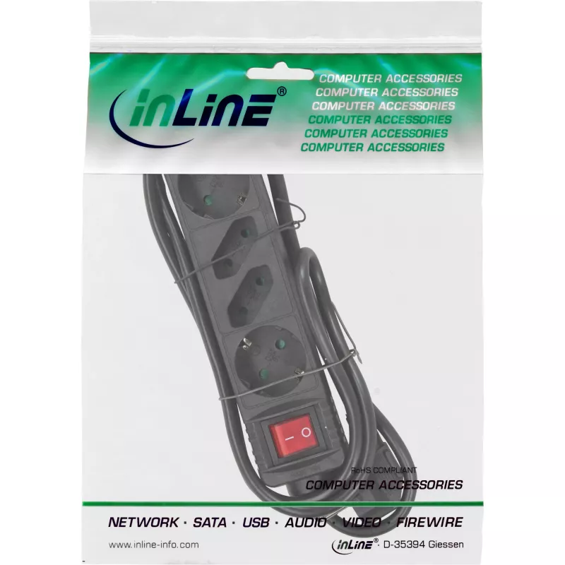 InLine Socket strip, 4-way, 2x CEE7/3 + 2x Euro CEE 7/16, black, 5m