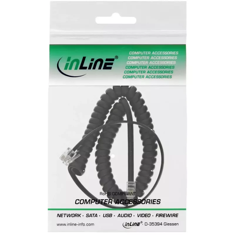 InLine Handset spiral cable, RJ10 4P4C M/M, black, max. 2m