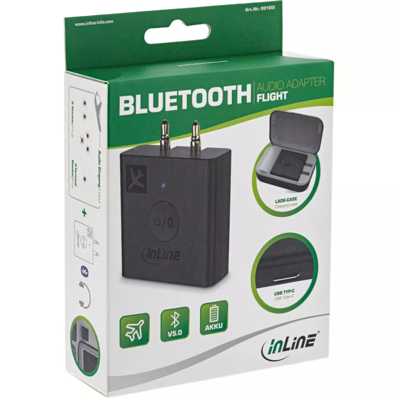 InLine Airplane Bluetooth Audio Transmitter, BT 5.0, aptX HD/LL