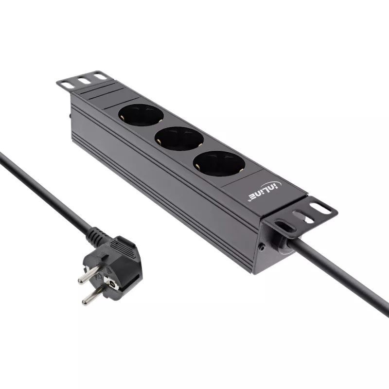 InLine 10 inch socket strip, 3-way earthing contact, without switch, 2m, black