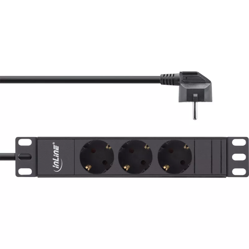InLine 10 inch socket strip, 3-way earthing contact, without switch, 2m, black