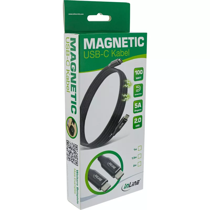 InLine Magnetic USB-C cable, USB-C male/male, 100W, black, 2m