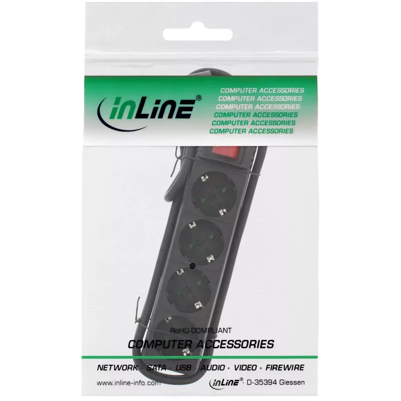 InLine Socket strip, 4-way, 2x CEE7/3 + 2x Euro CEE 7/16, black, 1.5m
