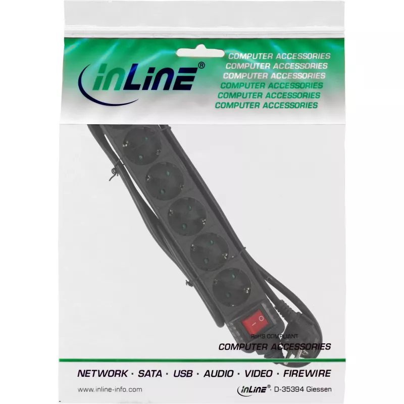 InLine Socket strip, 6-way earth contact CEE 7/3, black, 5m