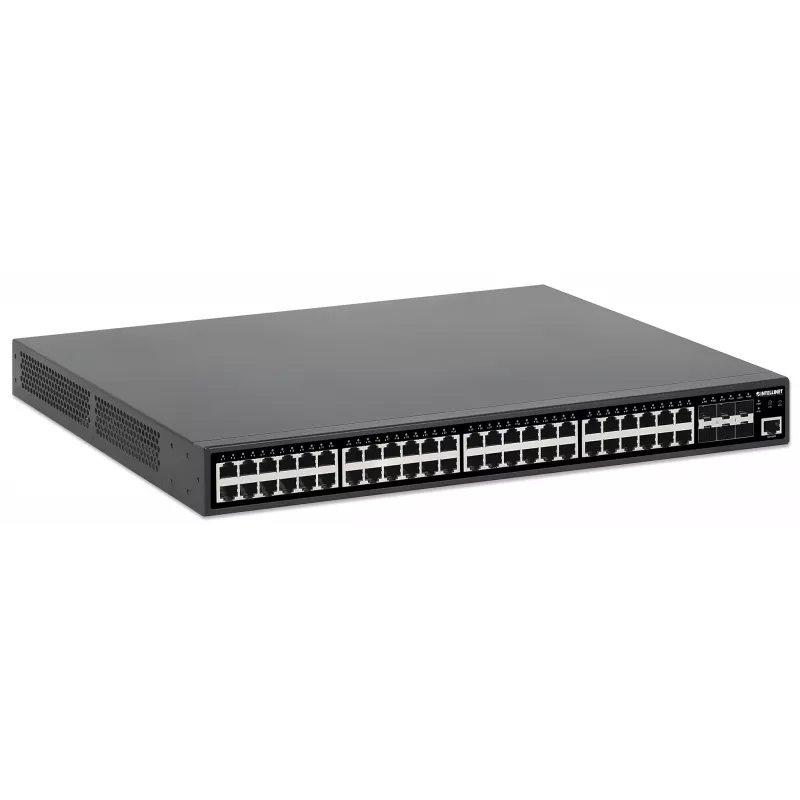 Intellinet 48-Port Gigabit Ethernet PoE+ Layer 2+ Managed Switch with Six 10G SFP+ Uplinks IEEE 802.3at/af (PoE+/PoE) Compliant, 450 W PoE Power Budget, Layer 2+/Layer 3 Lite, 6 x 10G SFP+ Open