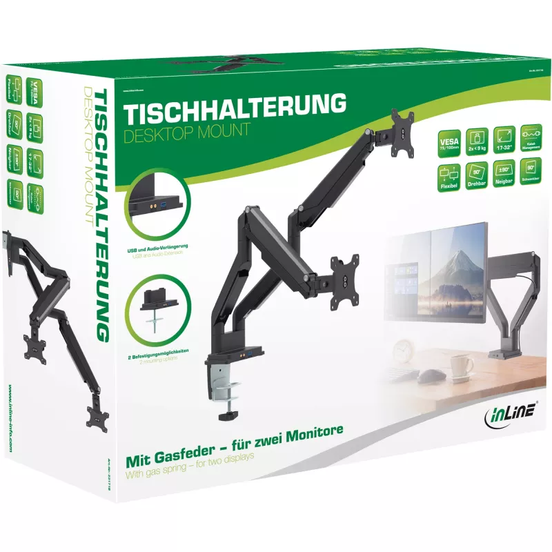 InLine desk mount w/ lift and USB/Audio, 2 monitors up to 81cm (32 inch),black
