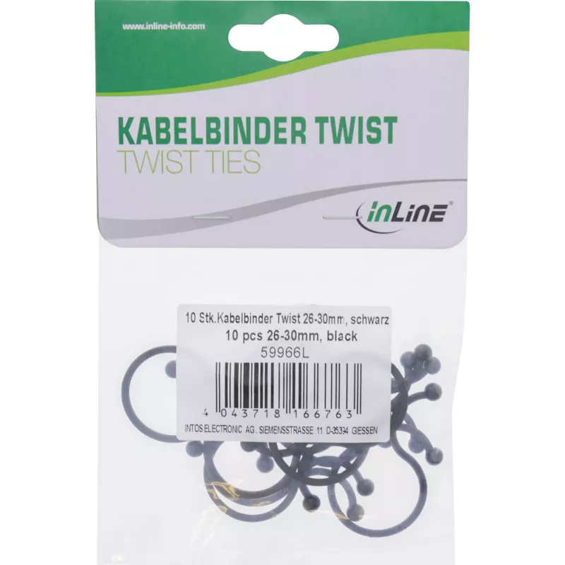 Twist Ties InLine 26–30 mm black, 10 pcs — cable/cord organiser, 30 mm length