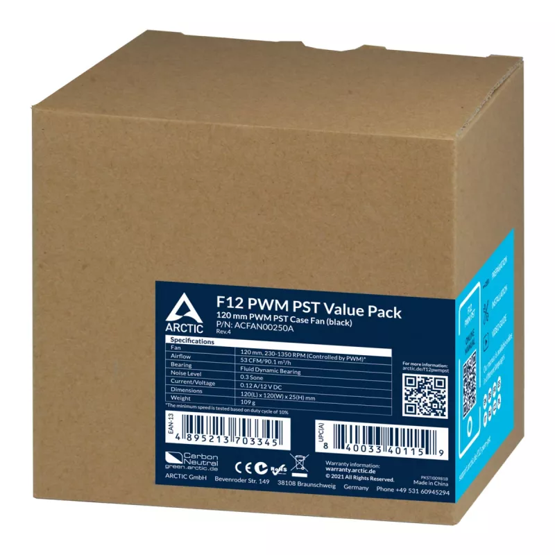 ARCTIC F12 PWM PST - 120 mm PWM Case Fan, Fan, 12 cm, 230 RPM, 1350 RPM, 0.3 sone, 90.1 m³/h