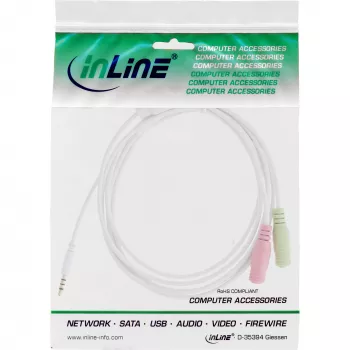 InLine Audio Headset Adapter Cable 3.5mm male 4 Pin / 2x 3.5mm, white, 1m