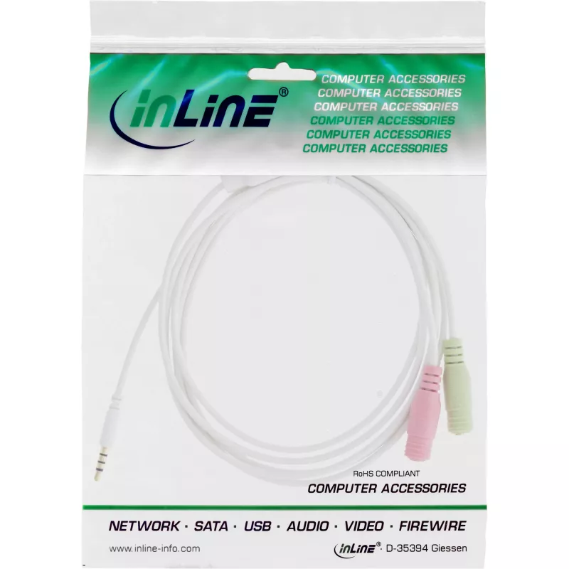 InLine Audio Headset Adapter Cable 3.5mm male 4 Pin / 2x 3.5mm, white, 1m