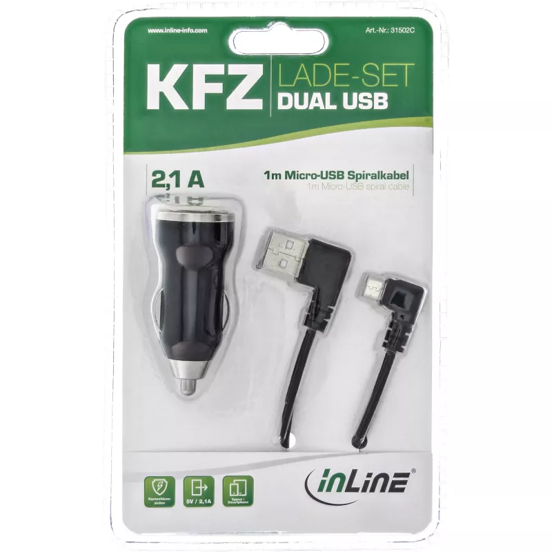 InLine USB DUAL+ KFZ charging set, power adapter with 1m spiral cable