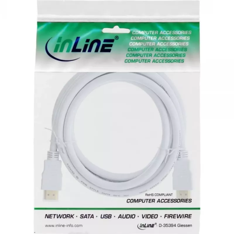 InLine High Speed HDMI Cable with Ethernet, M/M, white, golden contacts, 2m