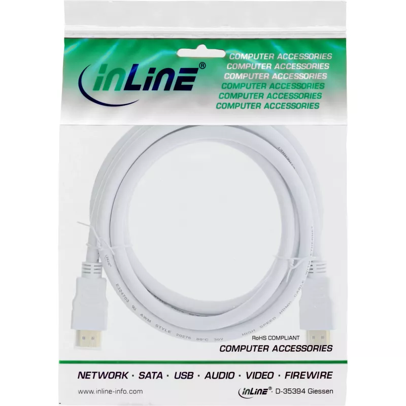 InLine High Speed HDMI Cable with Ethernet, M/M, white, golden contacts, 1.5m