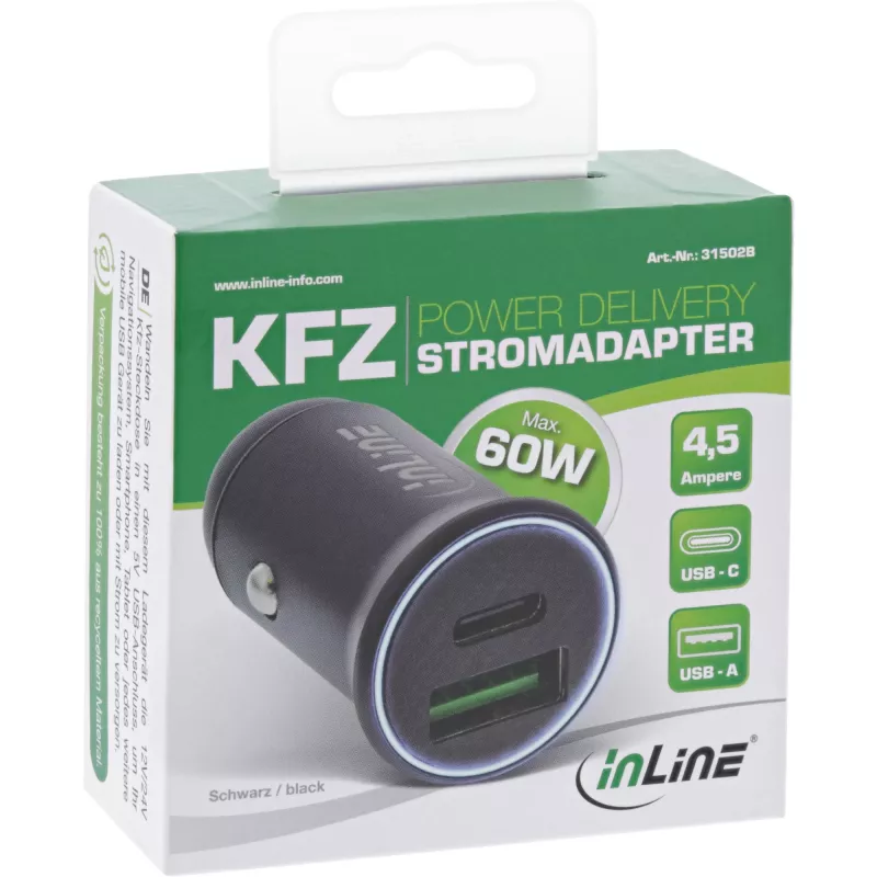 InLine USB car charger power-adapter power delivery, USB-A + USB-C, black